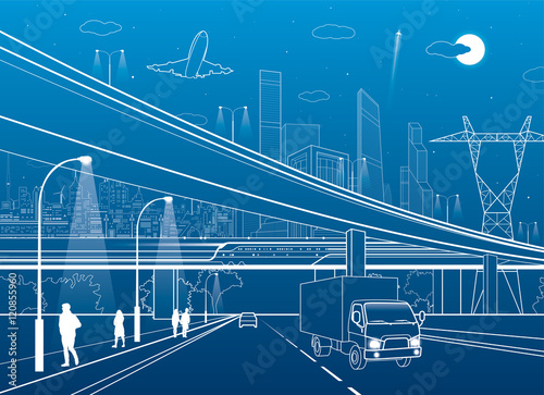 Car overpass, infrastructure, urban plot, people walking, airplane takes off, train move ob the bridge, neon city on background, truck on highway, white lines illustration, vector design art