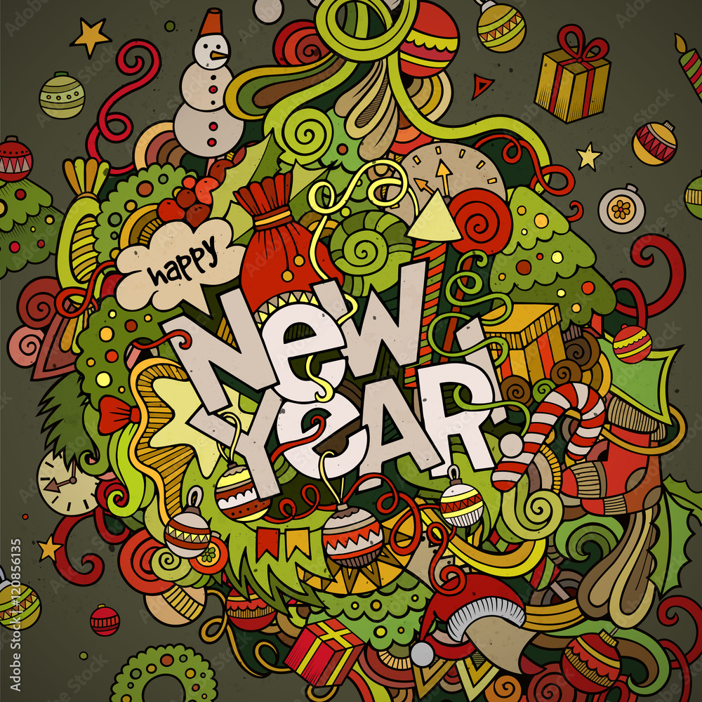 New Year hand lettering and doodles elements background