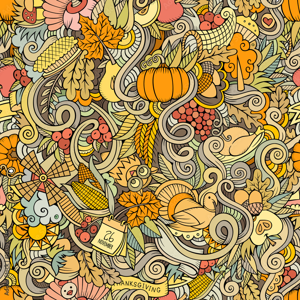 Thanksgiving autumn symbols, food and drinks seamless pattern. Thanksgiving autumn symbols, food and drinks seamless pattern.