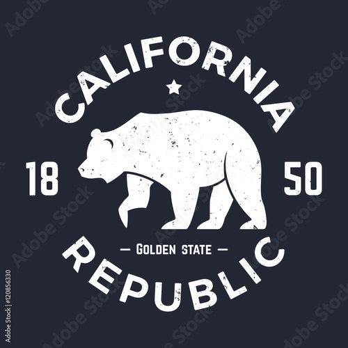 California t-shirt with grizzly bear. T-shirt graphics, design, print, typography, label, badge. Vector illustration.