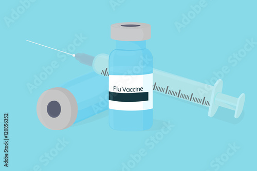 Flu vaccine illustration. Medical bottle with syringe.