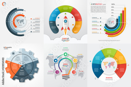 Set of six infographic 5 options, steps, parts, processes templates. Business concept for graphs, charts, diagrams. Vector illustration.