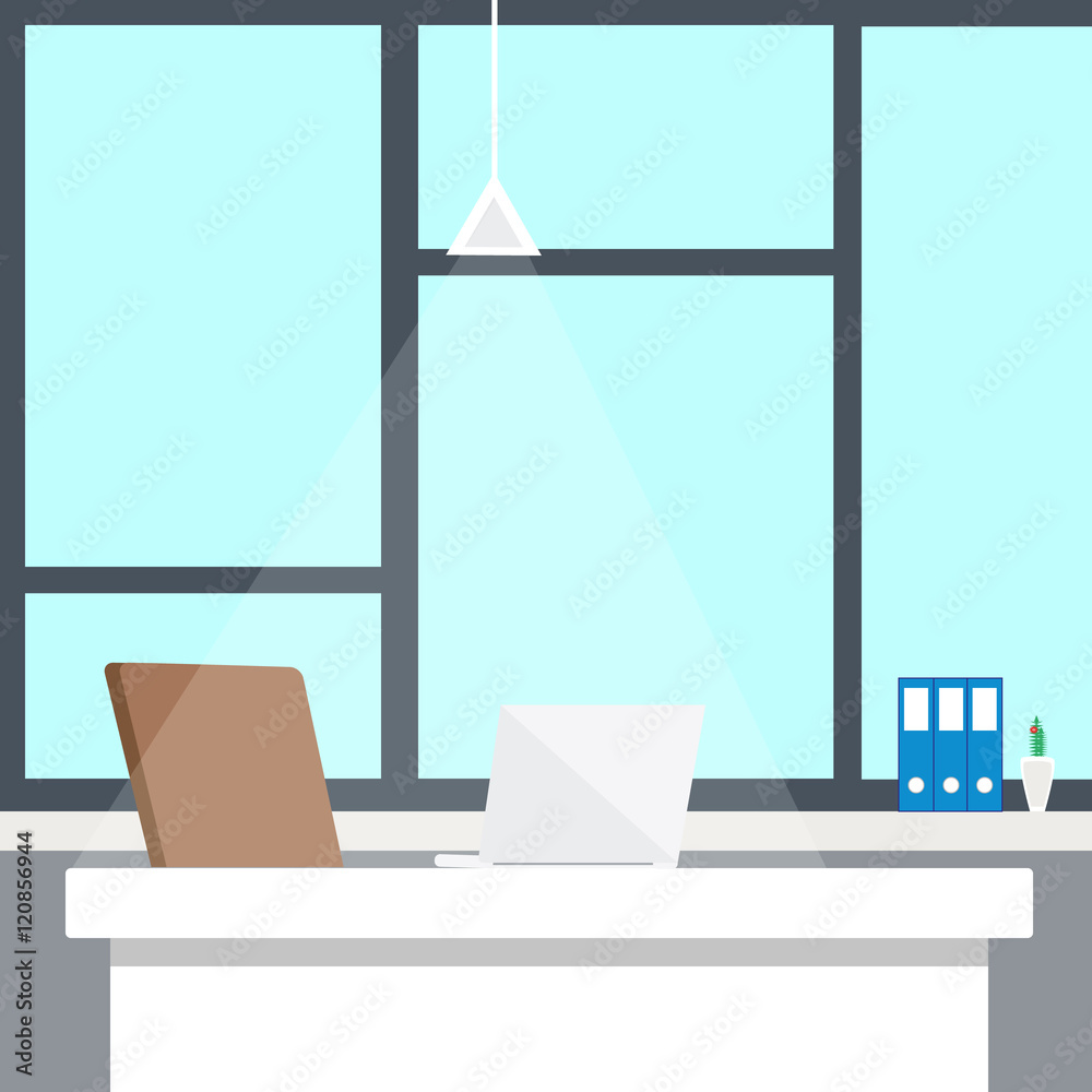 Fototapeta premium Modern office interior with designer desktop in flat design. Interior office room. Modern office room. Office space. Vector illustration of office. Working place in modern office interior.