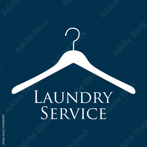 Icono plano texto Laundry Service en percha en fondo azul oscuro