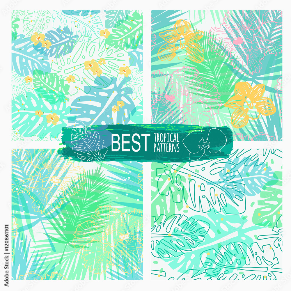 Naklejka premium light tropical patterns wit palm leaves and flowers