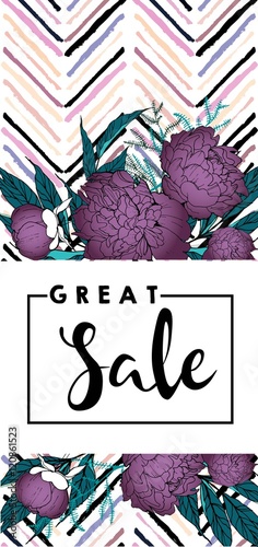 Vector flyer for great sale. Purple peonies and chevron modern brush spot in ...