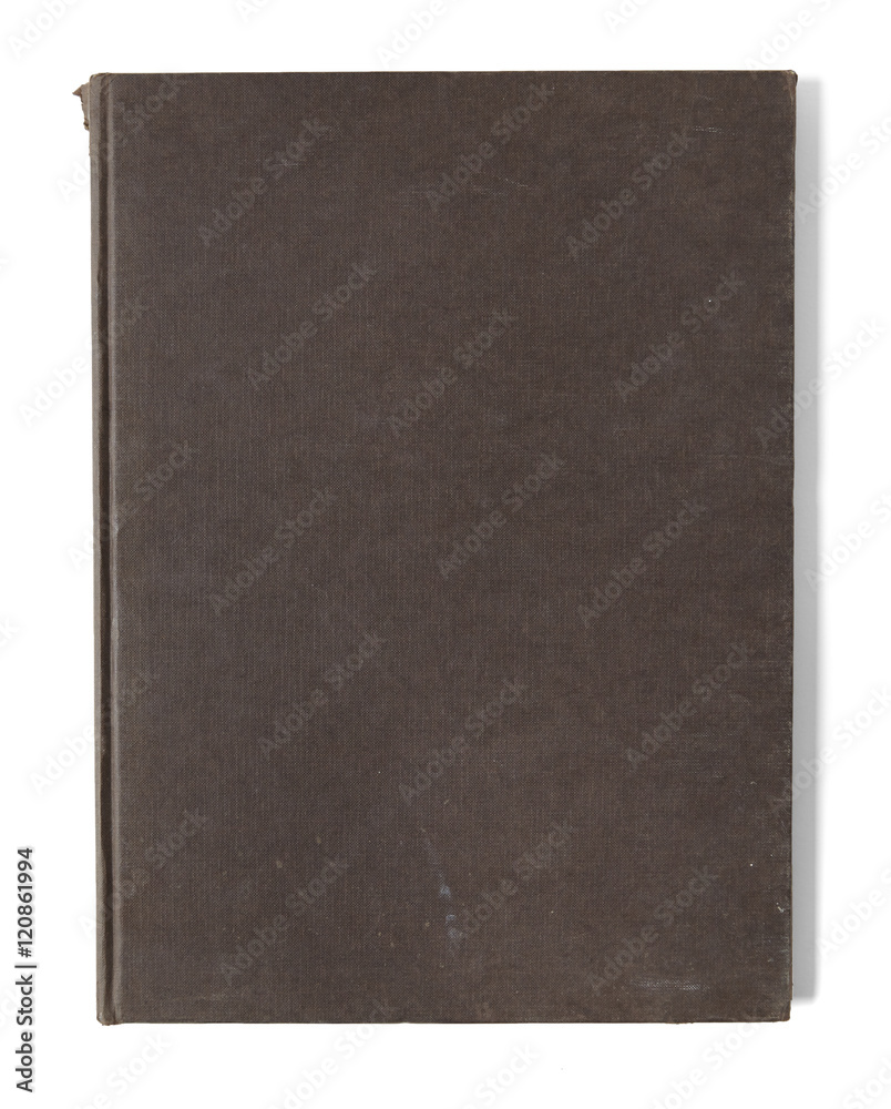 A distressed old story book with a brown cover, isolated on a white background
