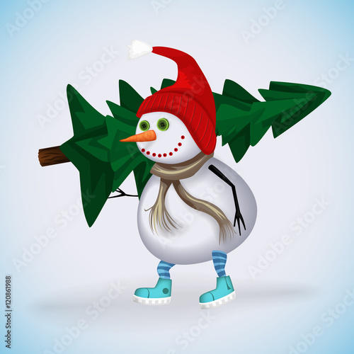 Snowman in a red knitted cap carries a Christmas tree. Winter fun. Vector illustration.