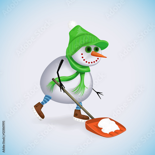 Happy snowman clean the snow using a shovel. Winter fun. Vector illustration.