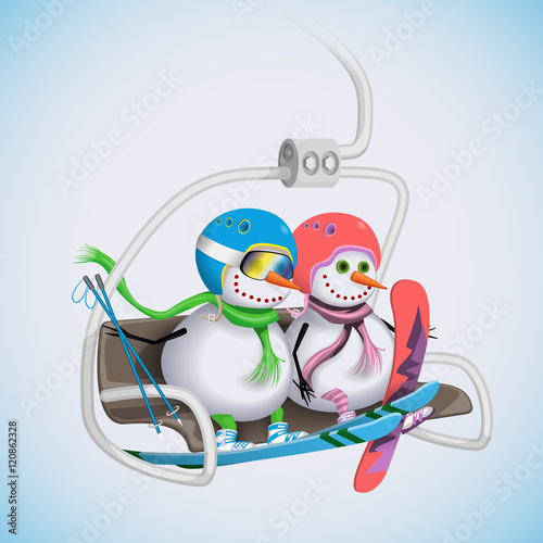Couple of happy snowmen rises to ski lift. Winter fun. Vector illustration.