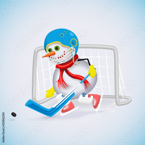 Snowman protects hockey gates of attack. Winter fun. Vector illustration.