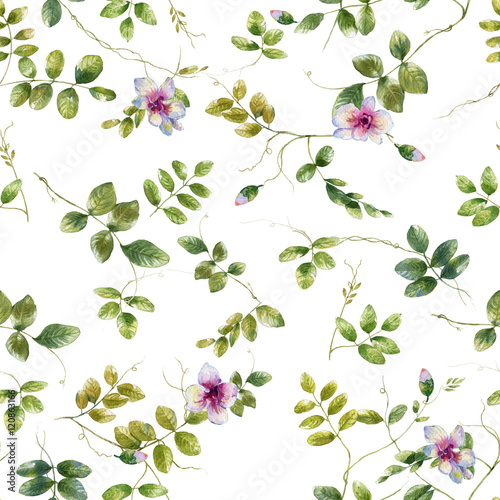 Watercolor painting of leaf and flowers  seamless pattern on white background