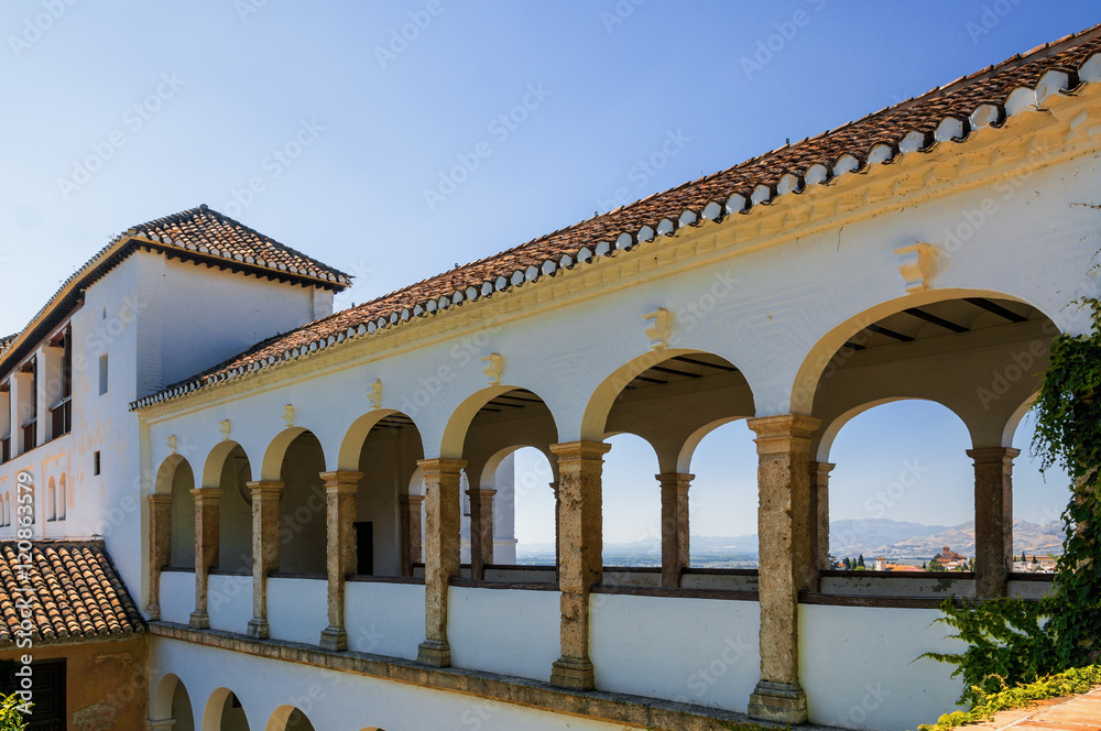 The arch gallery South Pavilion of Palacio de Generalife, Granada, Andalusia province, Spain.