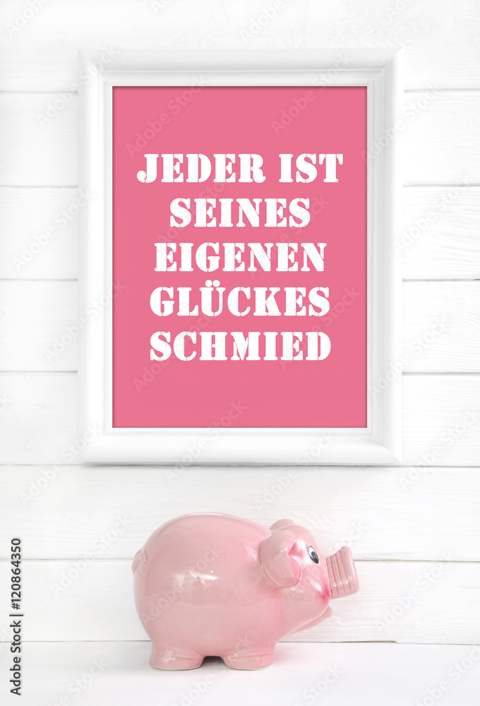 Holz Hintergrund mit Rahmen bzw. Schild weiß mit rosa rotem Glücksschwein und Text. Jeder ist