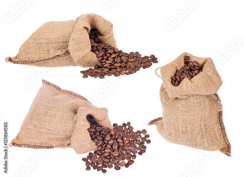 group of burlap sack with coffee beans on white photo