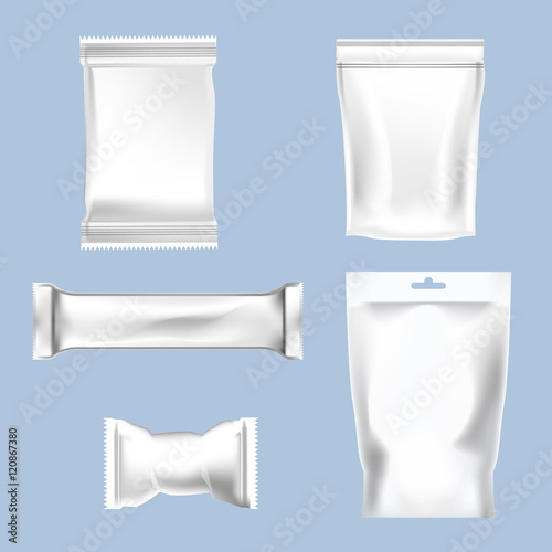 Vector set of white polyethylene foil package for sugar, bubble gum, sweets and candies mockup ready for your design