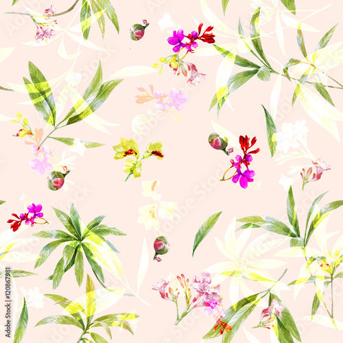 Watercolor illustration painting of leaf and flowers, seamless pattern on cream background