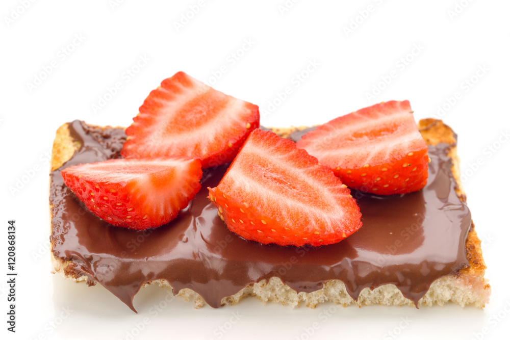 Chocolate toast with sliced strawberries, isolated