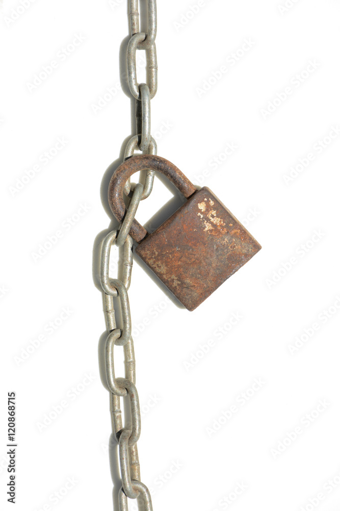 metal rust chain and key on white background metal rust chain and key on white background