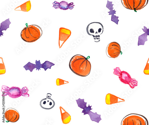 Seamless Halloween pattern with skulls, pumpkins, bats and candy on white isolated background