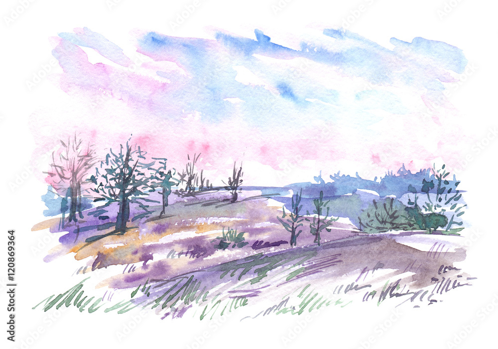 Obraz Krajobraz z gołymi drzewami w polu i różowym i fioletowym niebem o zachodzie słońca namalowanym akwarelą na białym tle na białym tle