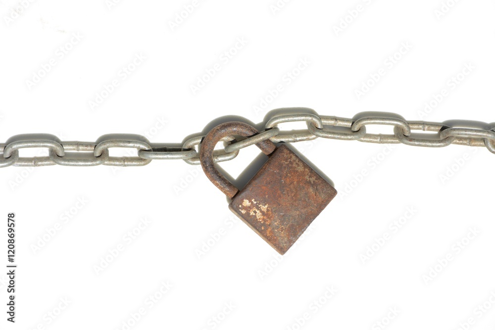metal rust chain and key on white background metal rust chain and key on white background