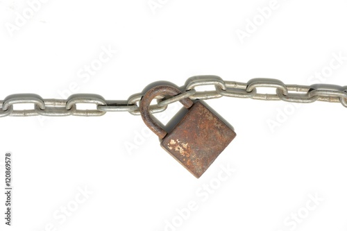 metal rust chain and key on white background