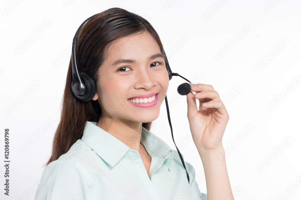 Portrait of happy smiling asian woamn support phone operator in Portrait of happy smiling asian woamn support phone operator in