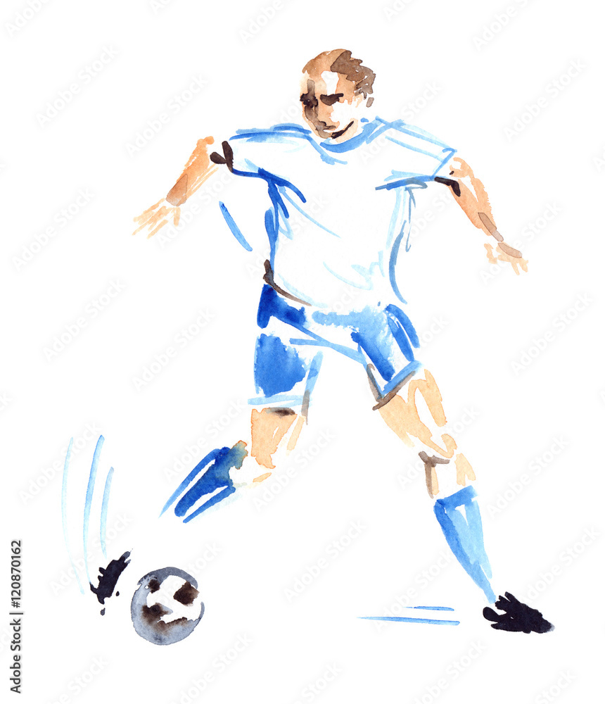 Player in white shirt and blue shorts kicking the ball, painted in watercolor on clean white background
