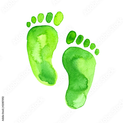 Abstract green footprint painted in watercolor on clean white background