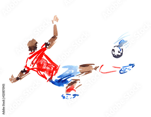 Player in red shirt and blue shorts kicking the ball in motion, painted in watercolor on clean white background