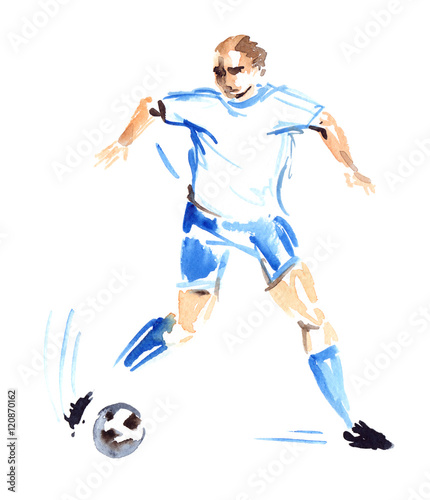 Fototapeta Naklejka Na Ścianę i Meble -  Player in white shirt and blue shorts kicking the ball, painted in watercolor on clean white background