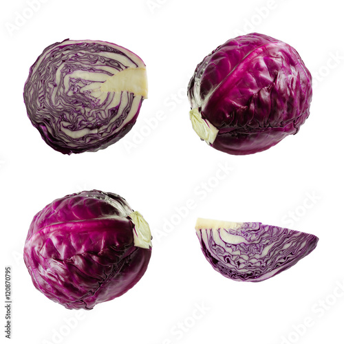 Fresh red purple cabbage vegetable on white background.Different camera angles