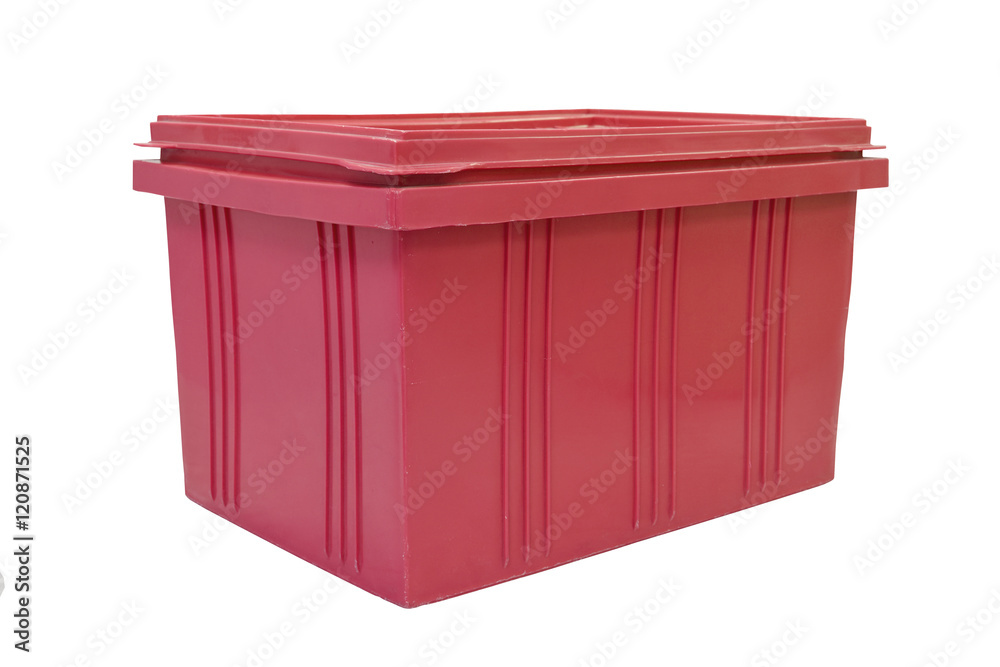 Red plastic box packaging of finished goods product on white background with clipping paths. Red plastic box packaging of finished goods product on white background with clipping paths.