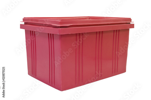 Red plastic box packaging of finished goods product on white background with clipping paths.