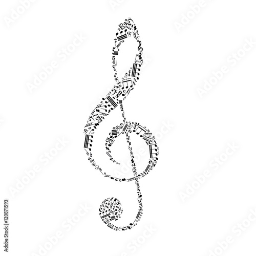 Treble clef sign made up from black music notes on white