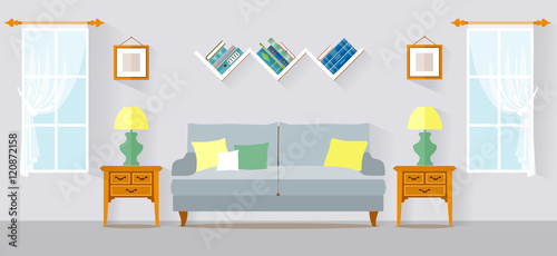 Living room in flat style with furniture. Apartment interior vector design.