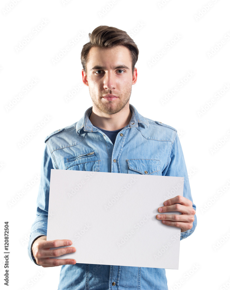 young man showing a blank paper page ready for text or product, two clipping paths included, one for body and second for the page young man showing a blank paper page ready for text or product, two clipping paths included, one for body and second for the page