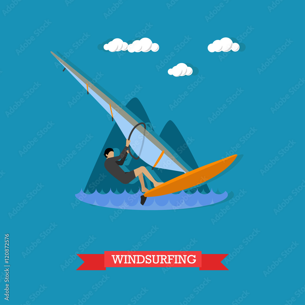 Windsurfer on the board with sail, flat design