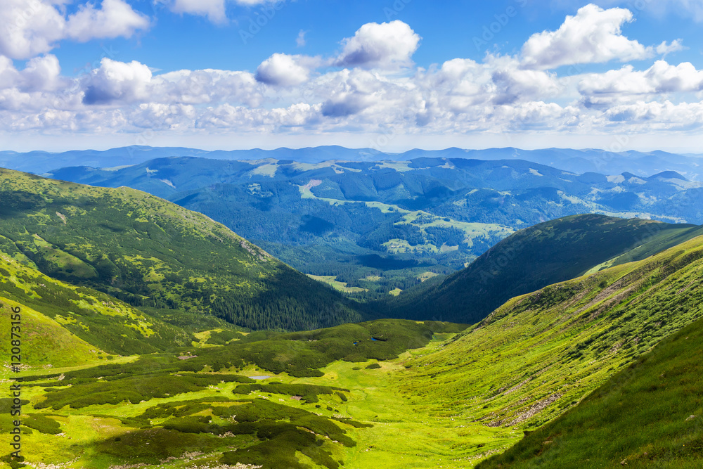 Picturesque Carpathian mountains landscape in summer, view from the height, Ukraine.