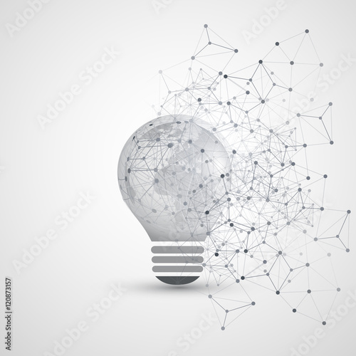 Abstract Electricity, Cloud Computing and Global Network Connections Concept Design with Earth Globe Inside a Light Bulb, Transparent Geometric Mesh - Illustration in Editable Vector Format