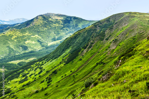 Picturesque Carpathian mountains landscape in summer, view from the height, Ukraine.