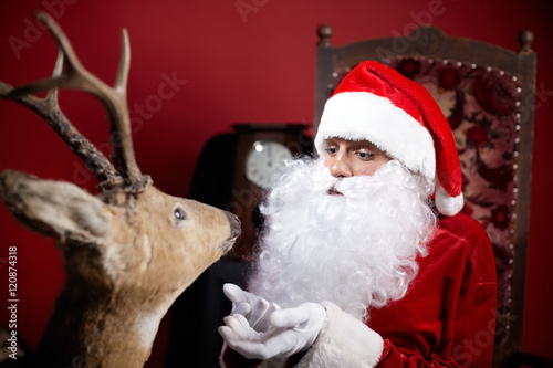 Santa Claus communicating with deer