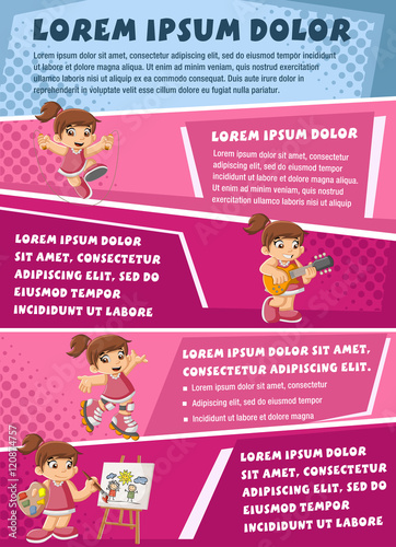 Vector brochure backgrounds with cartoon girl playing. Infographic template d...