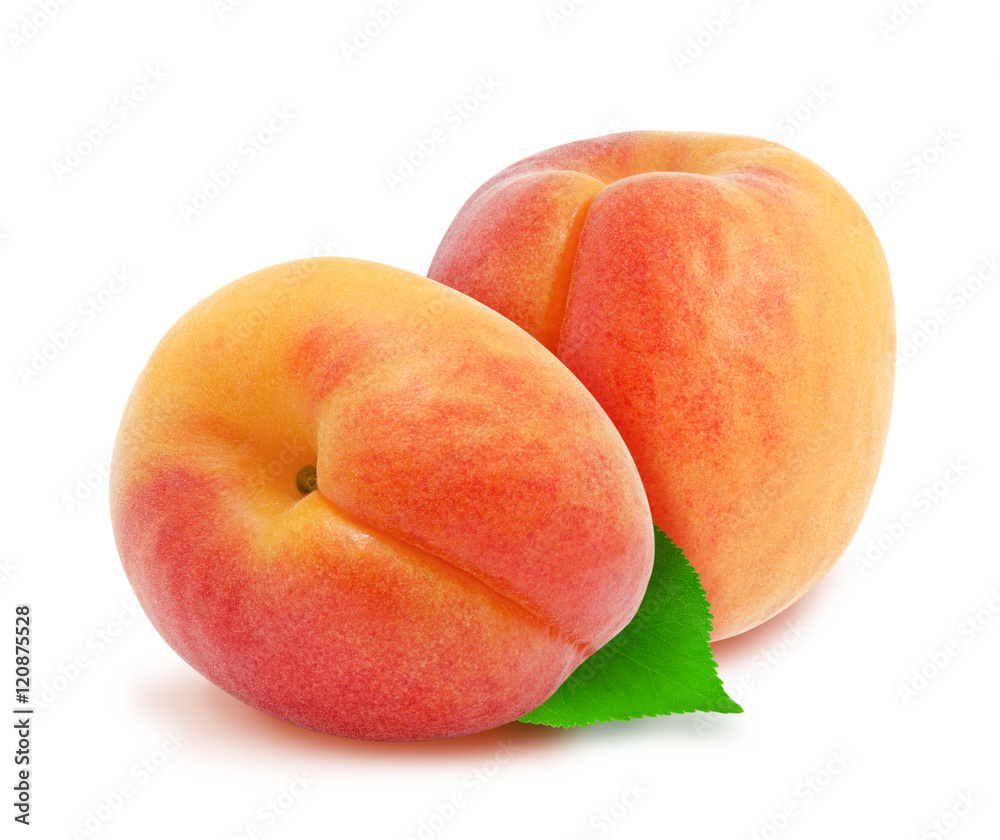 Two fresh apricots with green leaves isolated on white background. Design element for product label, catalog print, web use. Two fresh apricots with green leaves isolated on white background. Design element for product label, catalog print, web use.