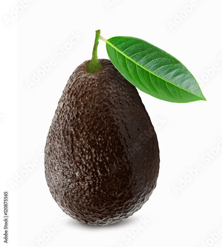 Fresh brown ripe avocado with leaf isolated on white background. Design element for product label, catalog print, web use.