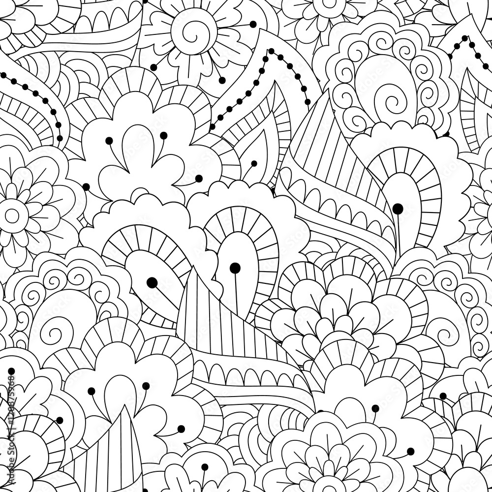 Seamless black and white background. Floral, ethnic, hand drawn
