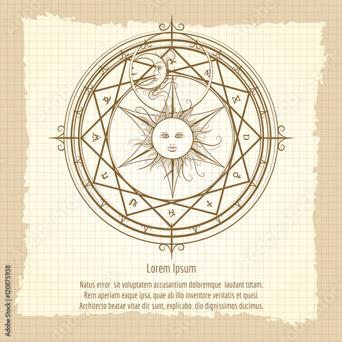 Vintage occult hermetic circle. Alchemy magic circle on notebook backdrop vector illustration