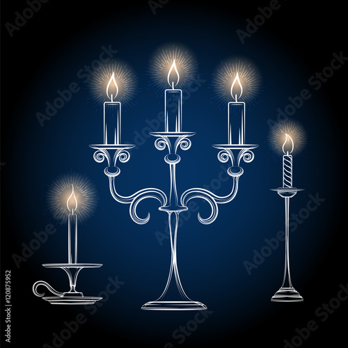 Hand drawn gothic antique chandeliers sketch with light - chandeliar sketch vector illustration