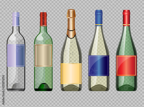 Vector set of colored transparent glass alcohol bottle with caps for wine mockup ready for your design